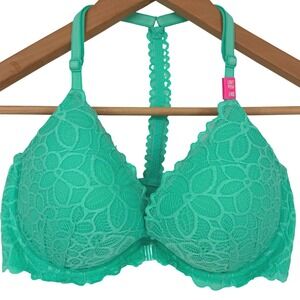 NWT Victoria's Secret PINK Green LaceLight Push Up Bra Front Close 34D